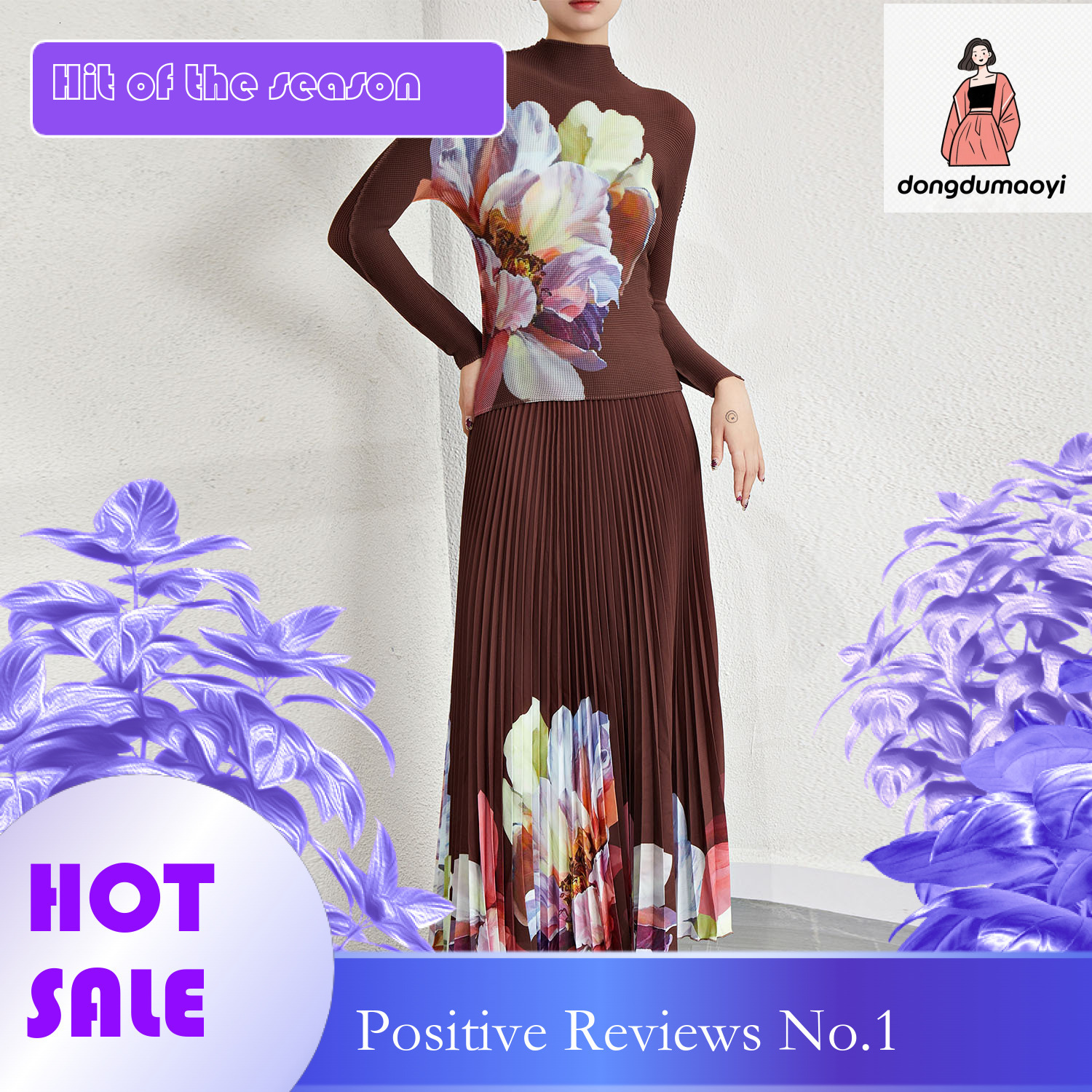dongdumaoyi Women's clothing niche design pleated print stand up collar pullover flower long sleeved T-shirt half skirt two-piece set