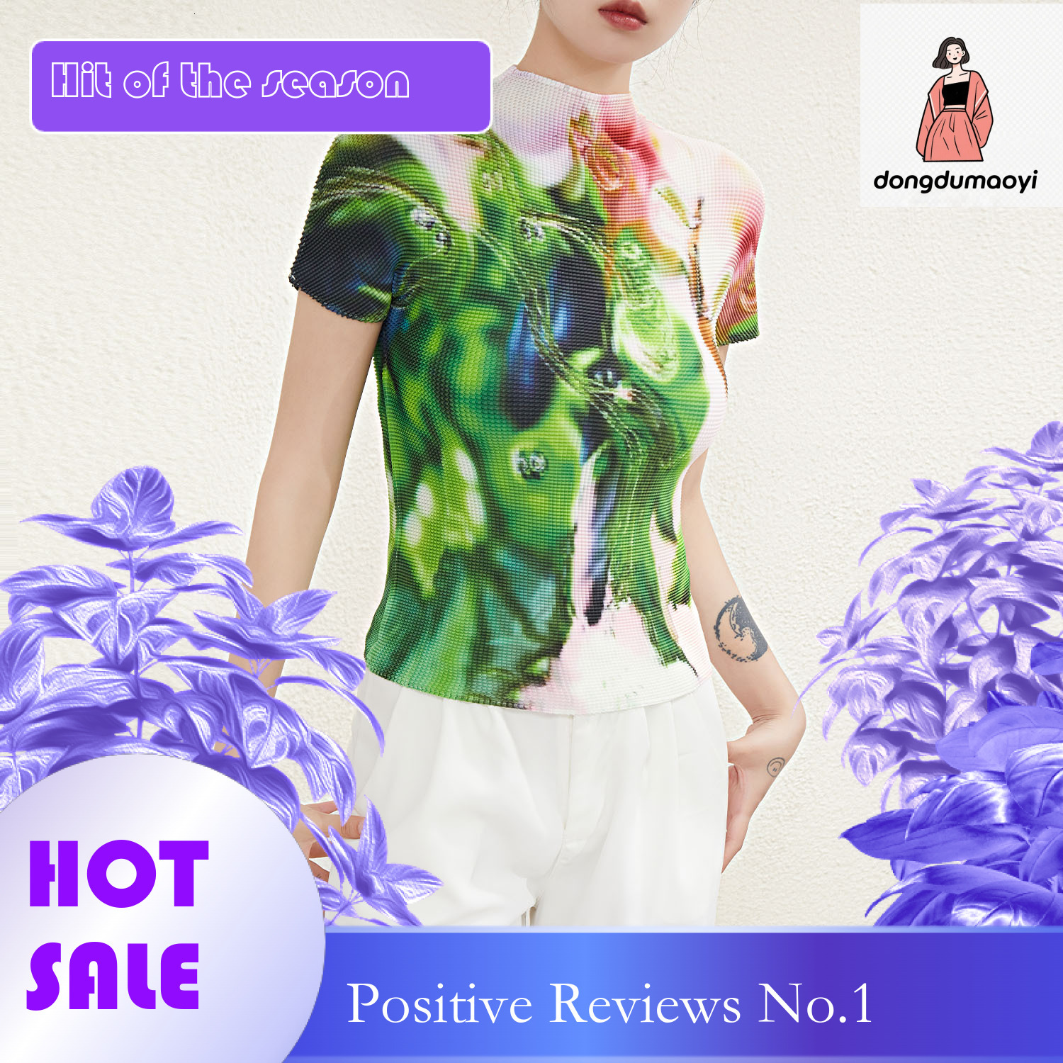 dongdumaoyi Summer 2023 Miyake printed temperament stand up collar short sleeved t-shirt slimming versatile high-end thin pleated top for women