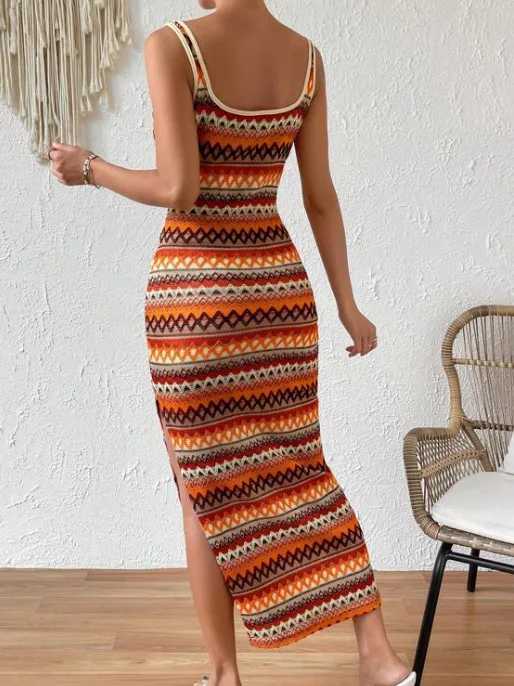 2024 Summer New Womens Personalized Street Fashion Casual Printed Striped Sleeveless Square Neck DressXJ250514