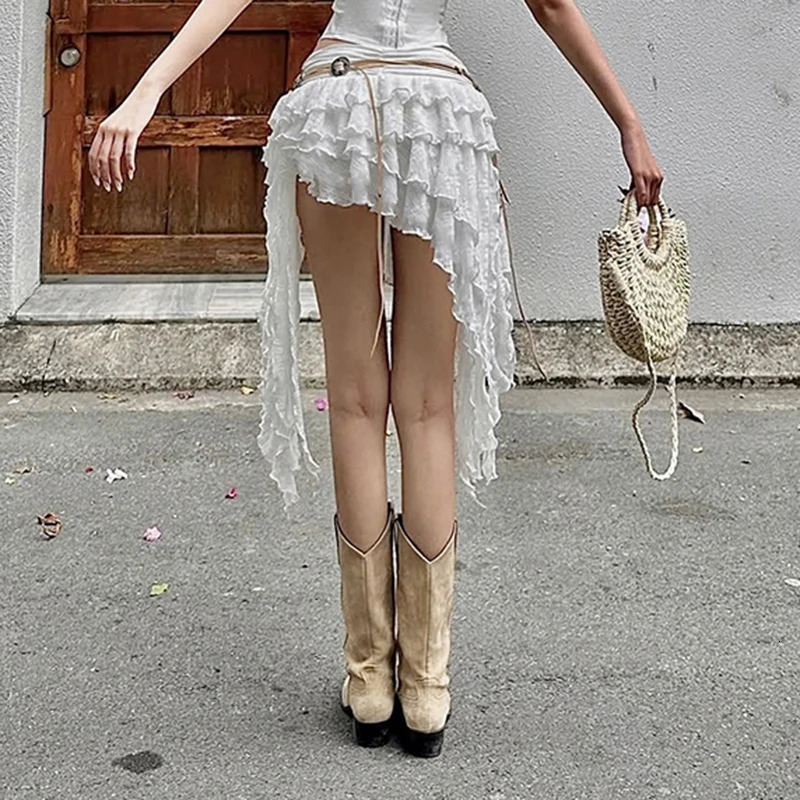 Flower Womens Ruffle Irregular Lace Skirt Elegant High Waist Tiered Layer Ribbon Mini Summer Bottoms Y2k Downtown Girl 250514