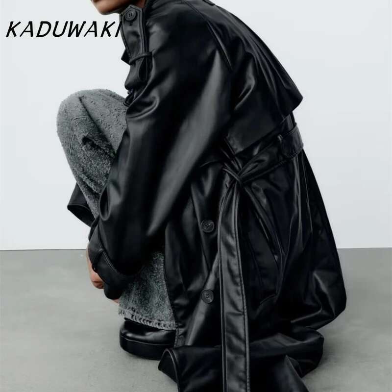 KADUWAKI Spring New European/American Style Commuting Lapel Trench With Belt Faux Leather Loose Long Windbreaker Jackets Female