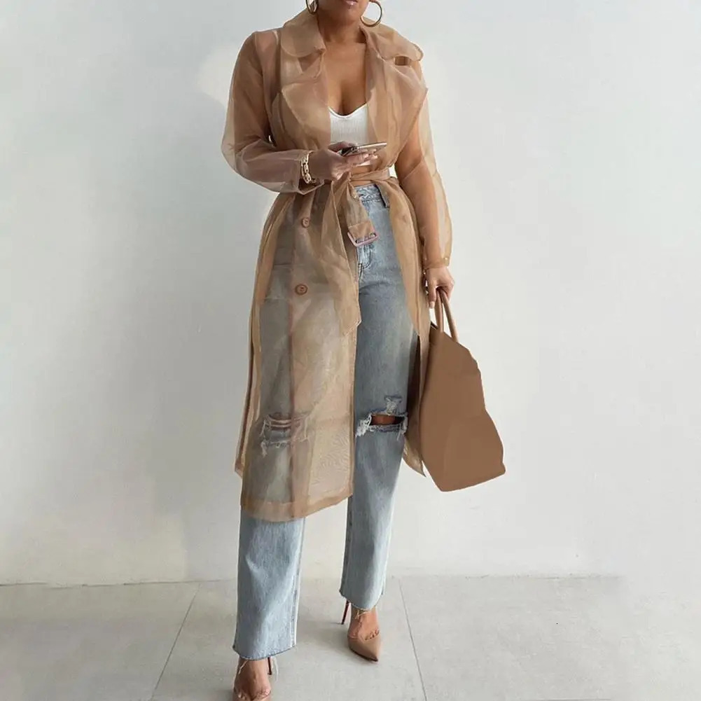 Korean Fashion Women Mesh Jacket Puff Sleeve Sunscreen Shirt Net Yarn See Through Spring Summer Lace-up Long Shirt Thin Coat 250513
