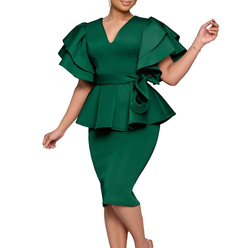 Women's Wear New Fashionable And Elegant Ruffle Edge Solid Color Hip Hugging Banquet Dress