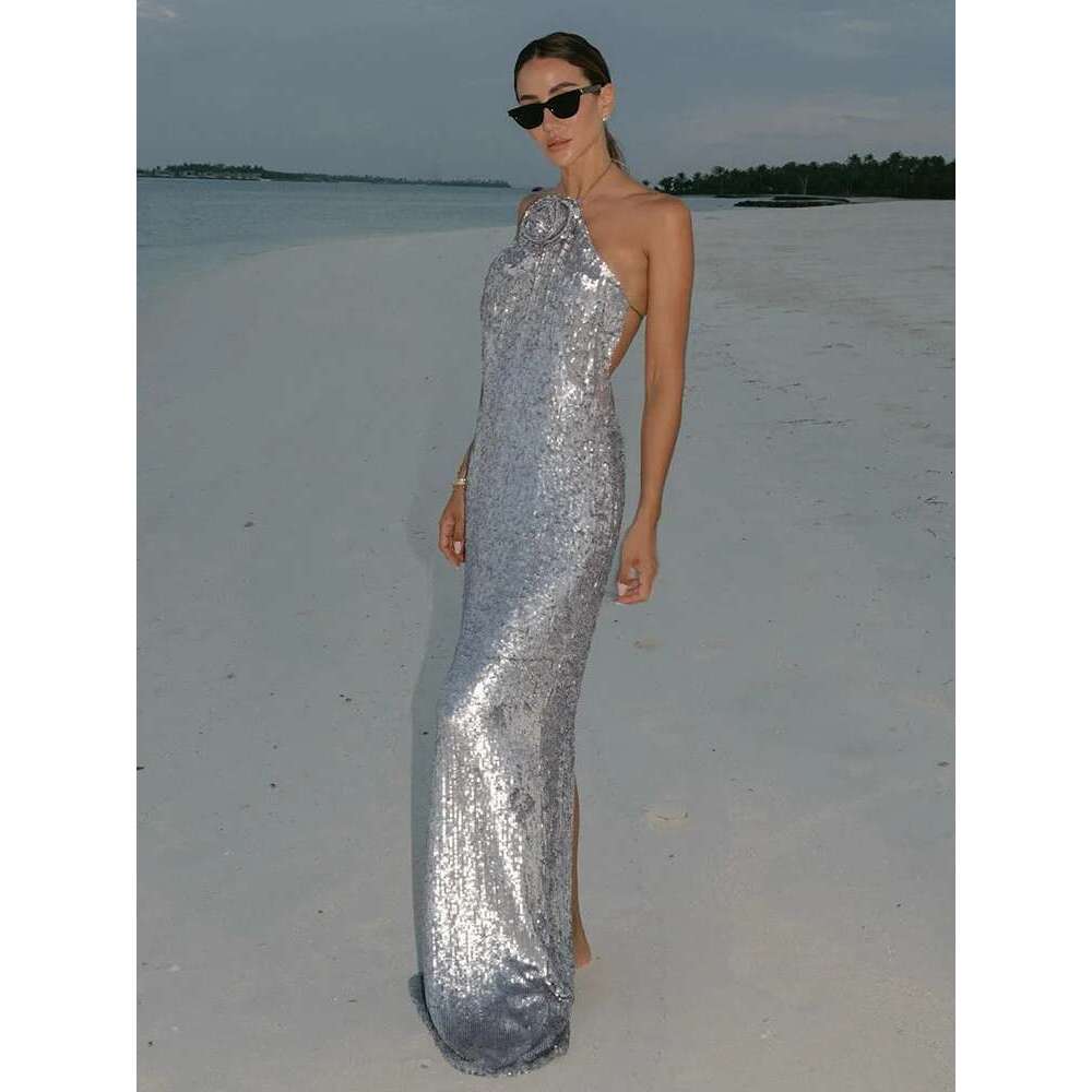 VC Floral Applique Sequined Sier Gown Halter Structured 3D Flower Backless Strings Tied Bodycon tail Party Evening Dress