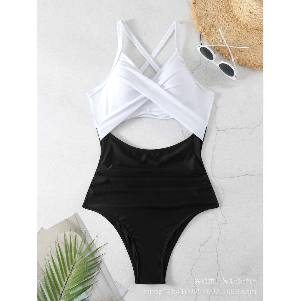 European American one-piece female sexy hollow cross color swimsuit backless tight strap 2025 new style chic and elegant clothing