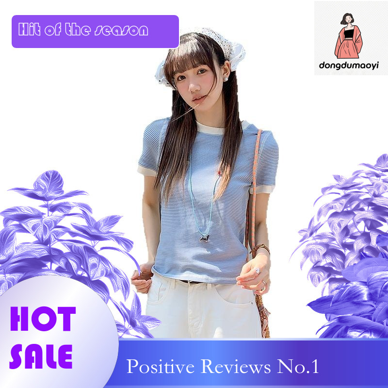 dongdumaoyi Spring and summer new collar color blocked T-shirt for women, high elasticity slim fit round neck short sleeved striped knitted sweater to