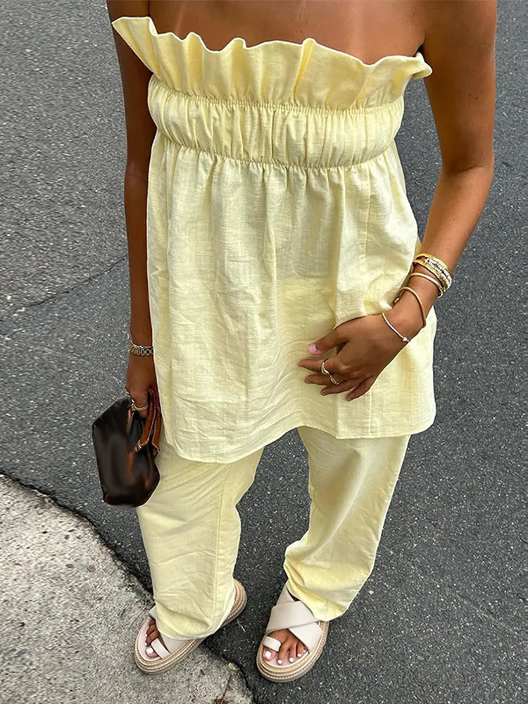 Sexy Womens Two Pieces Set Pleated Tube Top Trouser Suits Solid Sleeveless Straight Pants 2025 Summer Fashion Female Suit 250513