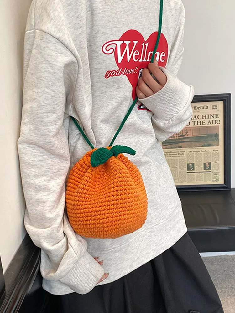 Female Knitted Purse Drawstring Crossbody Bag Orange Shape Cute Fruit Pouch Daily for Girls Women 250514