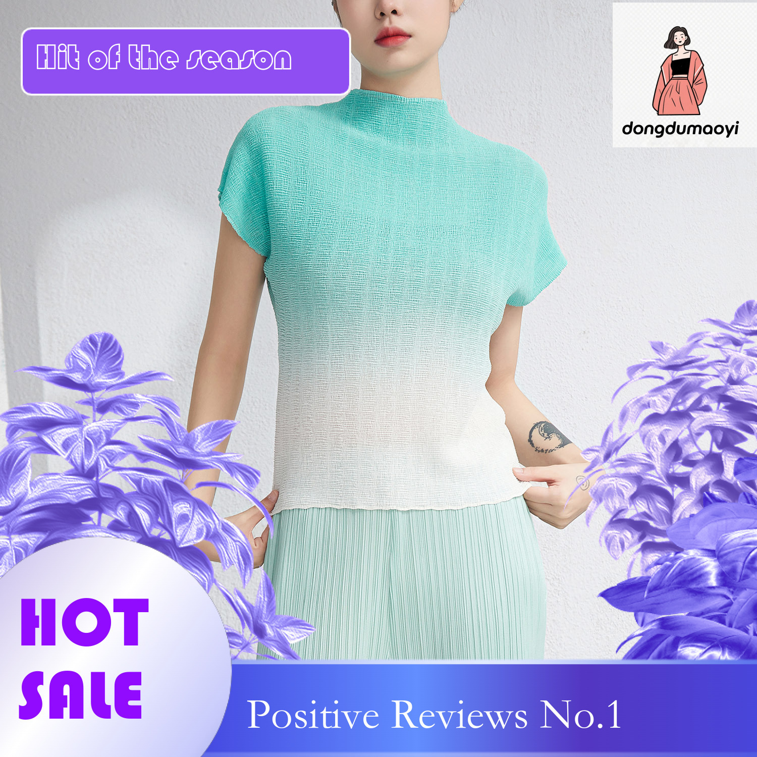 dongdumaoyi Large size loose chiffon top for women 2024 summer three house style pleated gradient color semi high neck short sleeved T-shirt