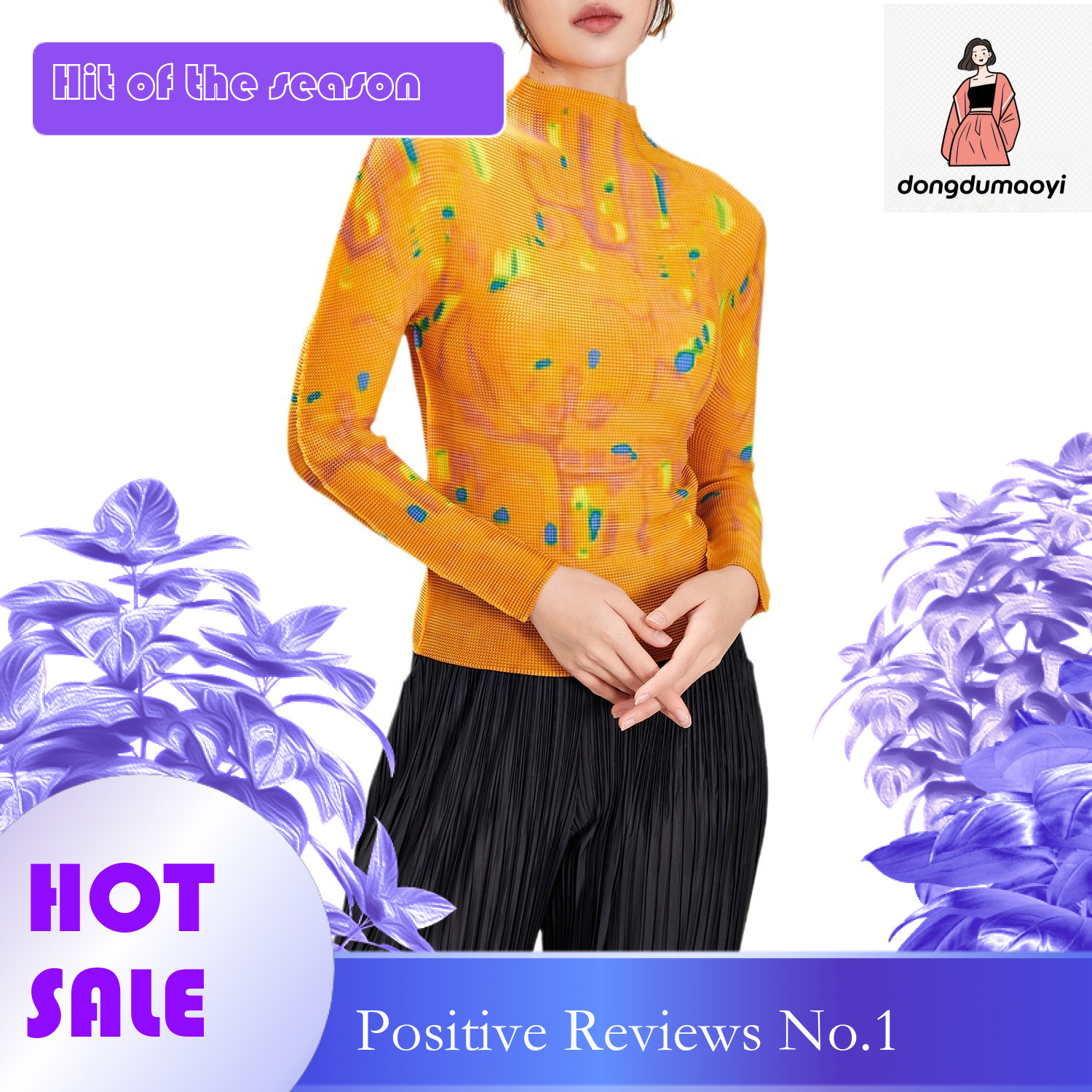 dongdumaoyi Slim fit T-shirt for women, long sleeved thin clothing, spring and autumn new products, Miyake printed western-style top, women's ver