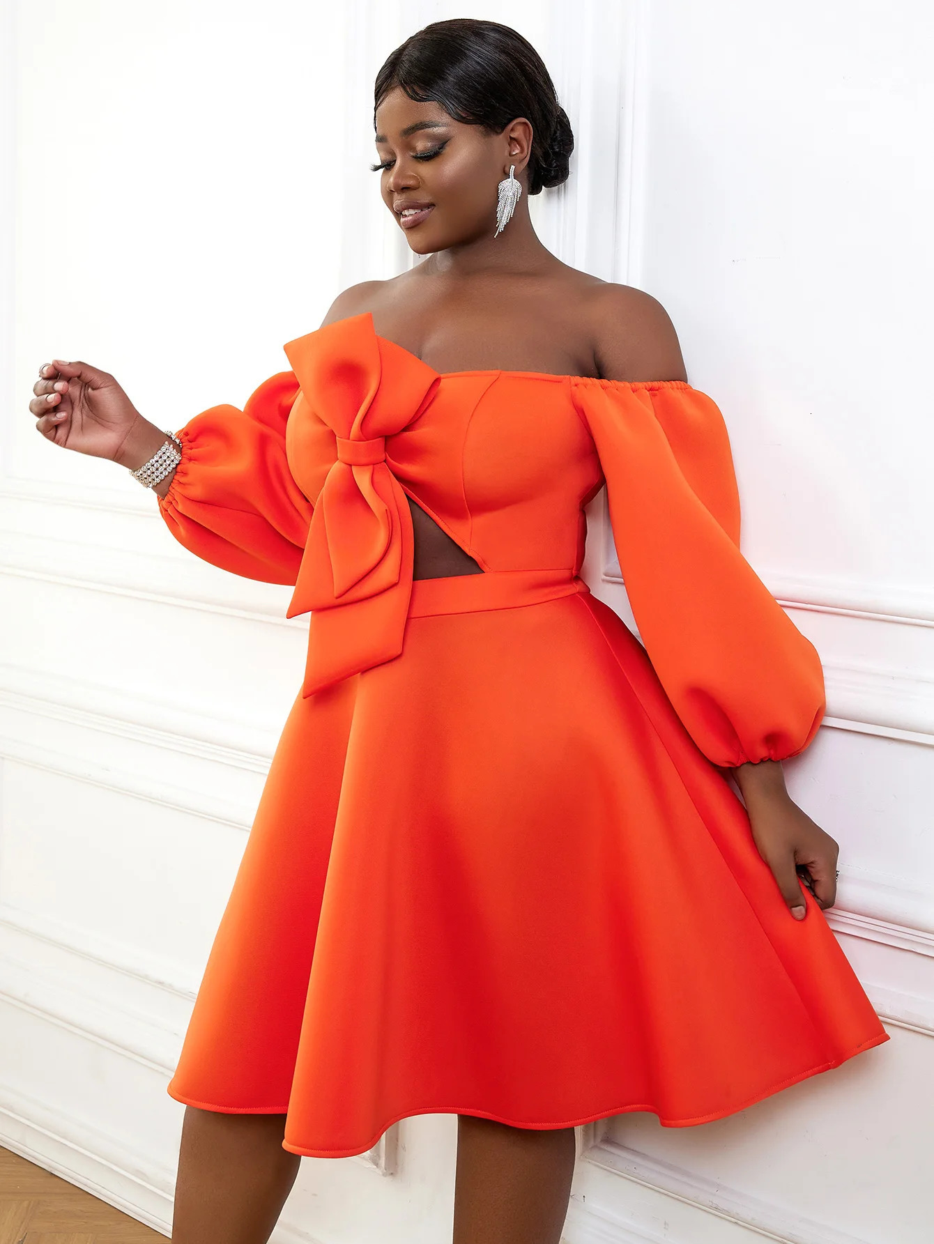 Ogilvy Ball Dress Plus Orange Shoulder Cut ALine Summer Wedding Guests Evening Party Set 4XL 250506