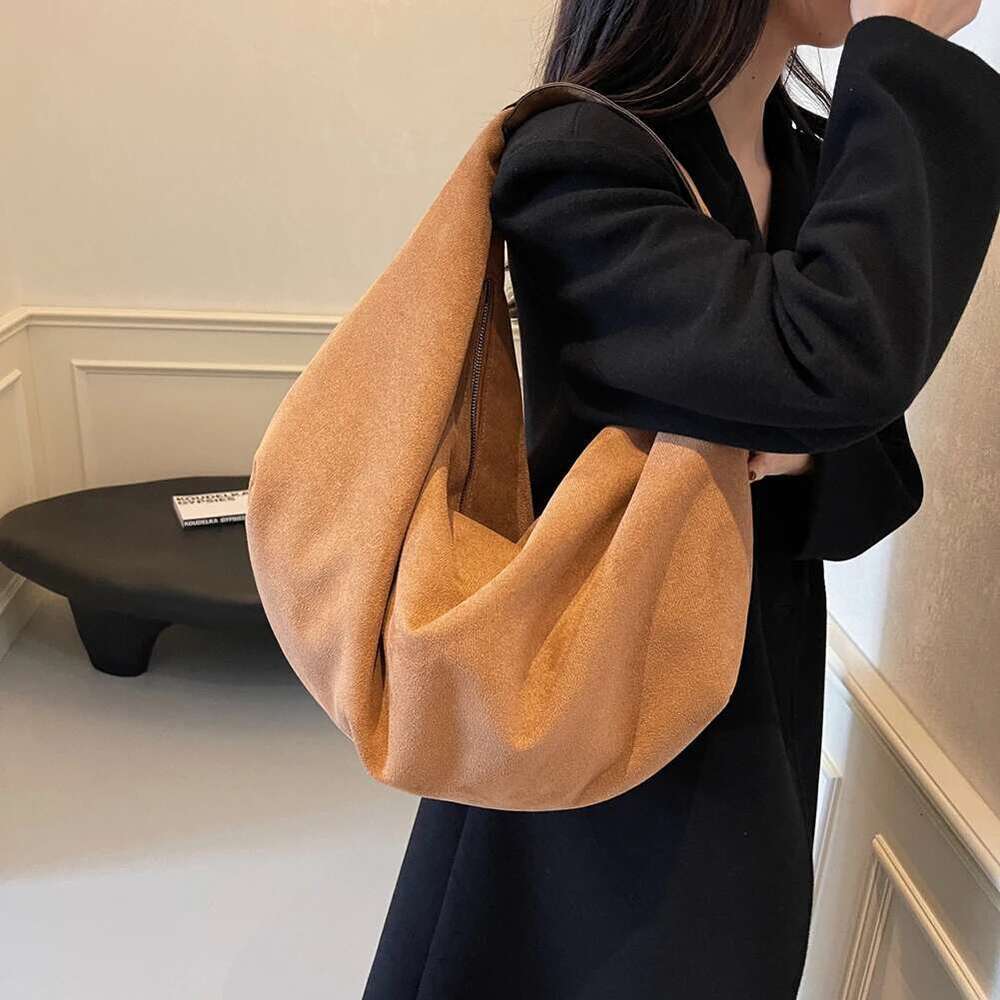 Retro Suede Women Top-Handle Large Capacity Tote High Quality Underarm with Zipper Solid Versatile Shoulder Bag