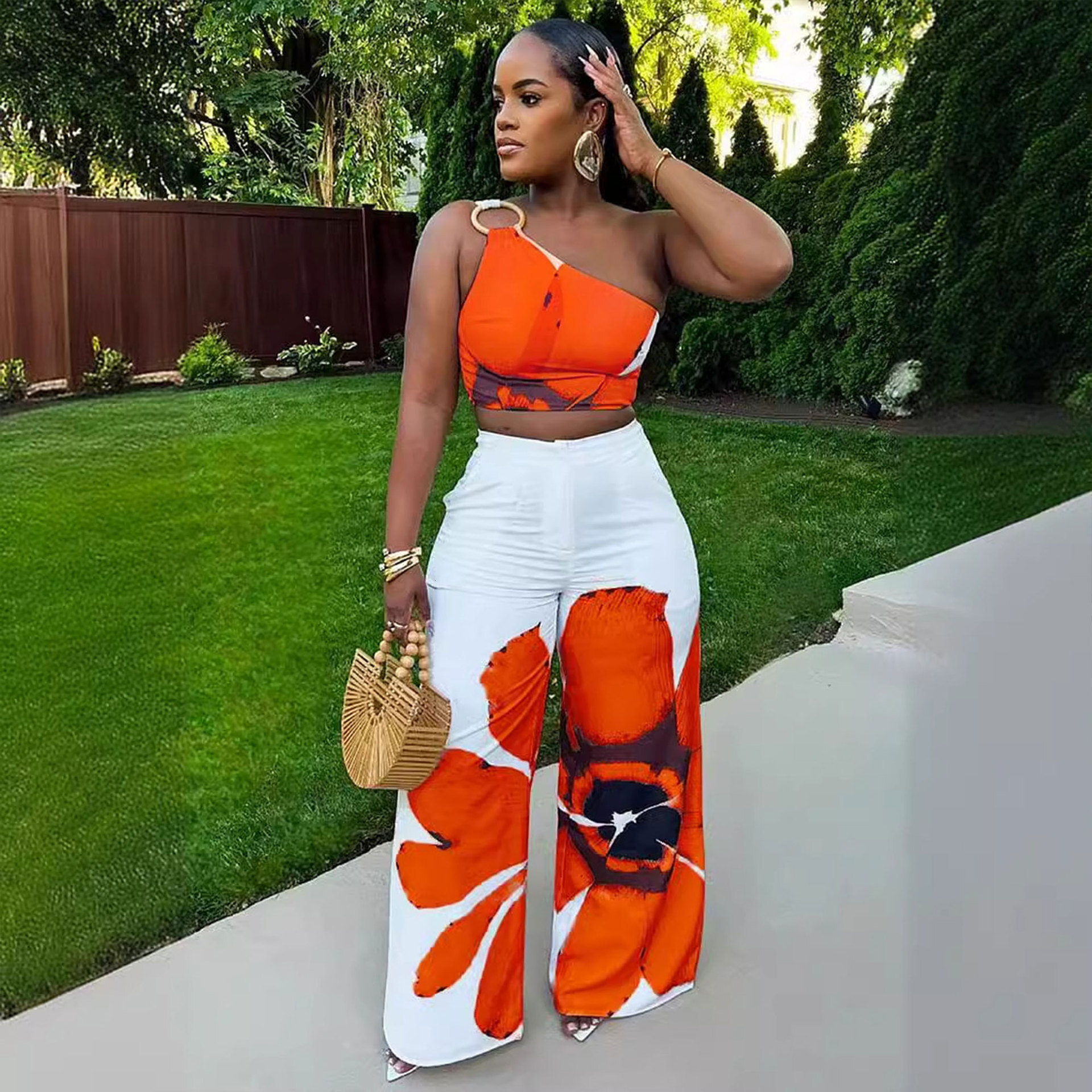 D9738 Womens Fashion Sexy Flower Printed One Shoulder Slim Wide Leg Pants Two Piece Set
