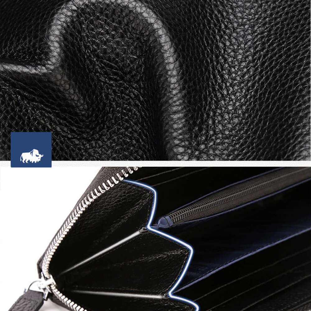BISON DENIM Brand Genuine Leather RFID Blocking Clutch Bag Wallet Card Holder Coin Purse Zipper Male Long Wallets N8195