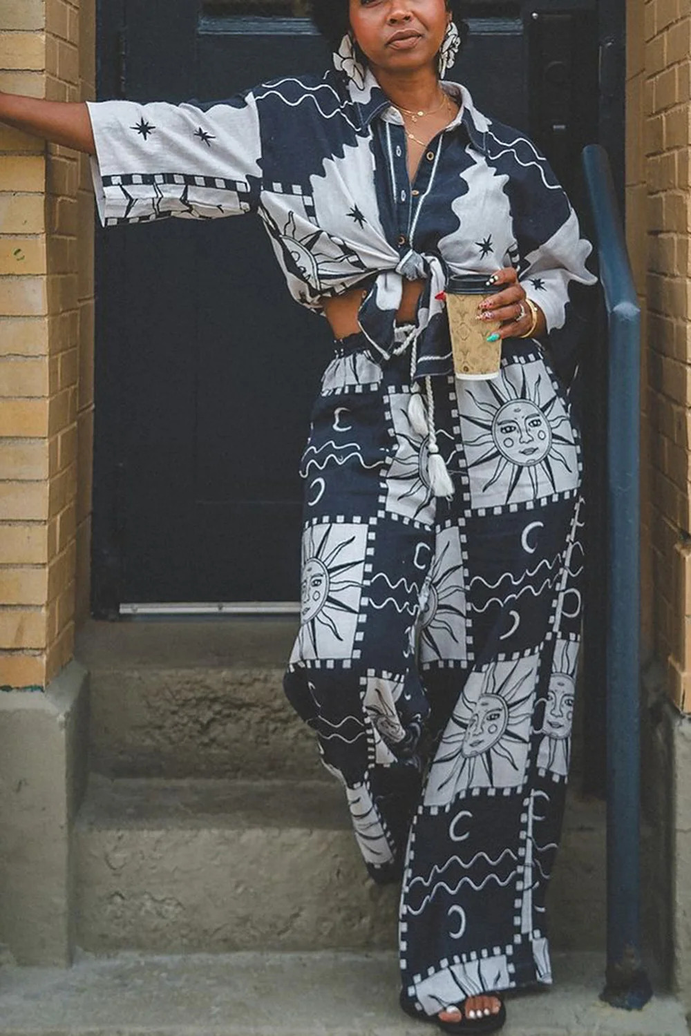 Plus Size Business Casual Multicolor All Over Print Shirt Collar 34 Sleeve Lace Up Two Piece Pant Sets 250506