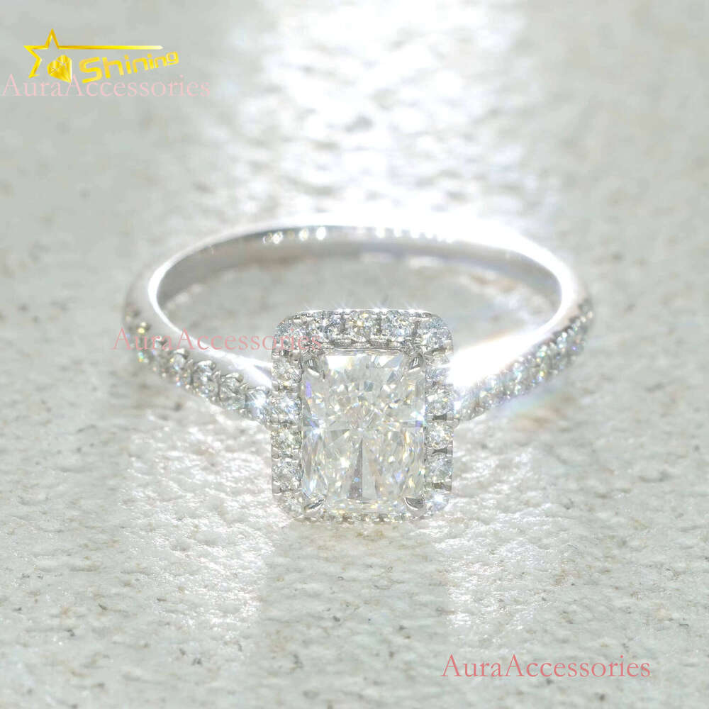 Solid Gold IGI 1.05ct Radiand Cut Lab Dia Ring Halo Engagement Wedding Rings with Certificate