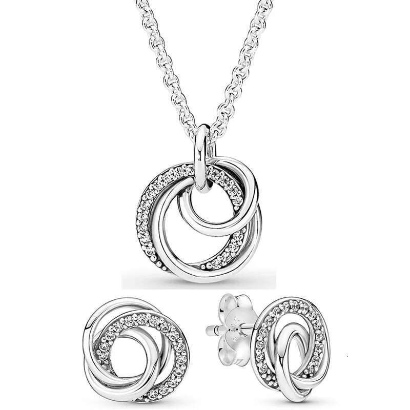 Authentic Sterling Sier Family Always Encircled Earring Necklace With Crystal For Women Jewelry Set Gift