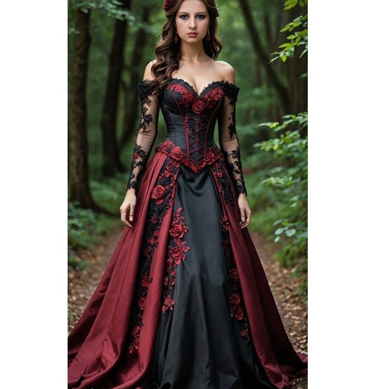 Vintage Dark Red And Black Prom Dress Medieval Vampire Corset Evening Gown Lace Appliques Off Shoulder Long Sleeves Special Occasion Gown For Women 20