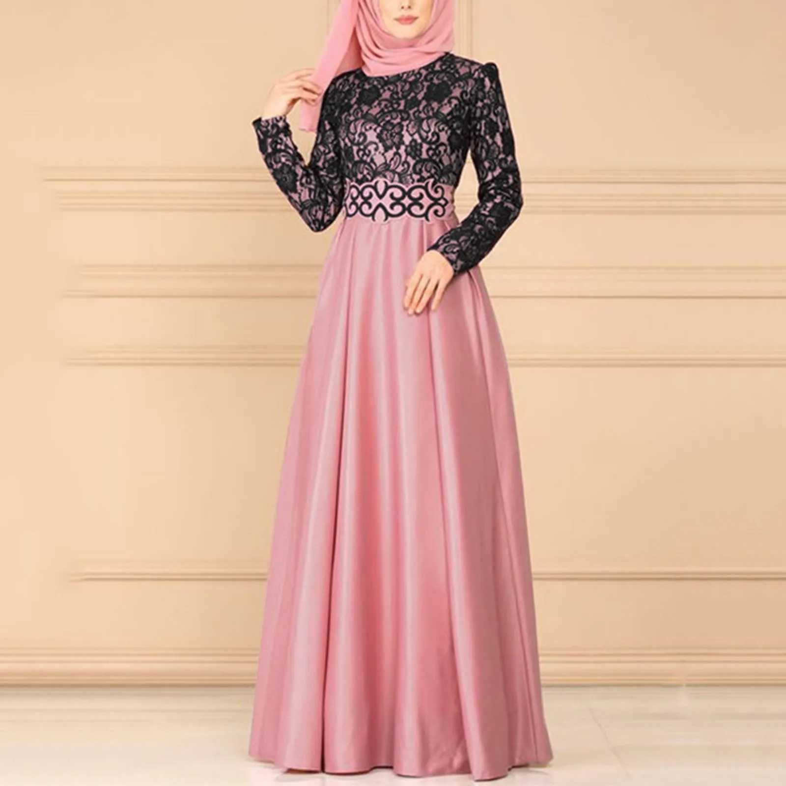 Middle East Women Luxury Muslim Dress Lace Patchwork Round Neck Large Swing Robe Womens Islamic Clothing Kaftan Prayer Abaya X250514