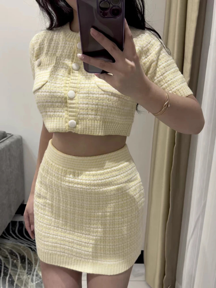 Summer Korean Chic Womens Suit with Skirt Fashion ONeck Knitted Short Sleeve Top Jacket High Waist Hip 2piece Set 250514