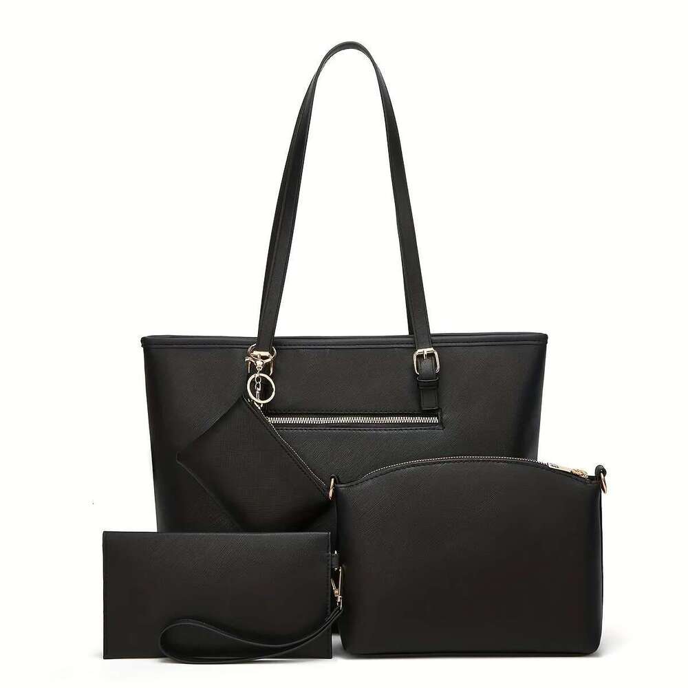 Europe and the United States new large capacity solid color four-piece cross-grain Tote bag retro single shoulder crossbody