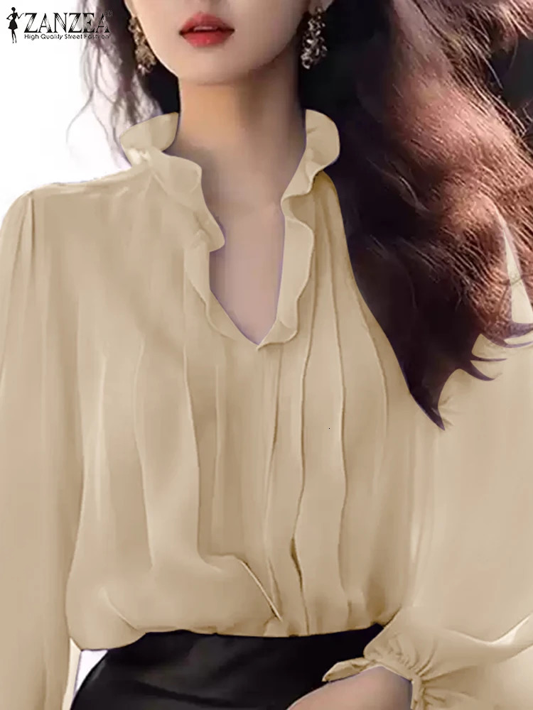 ZANZEA Women OL Blouse Fashion Long Puff Sleeve Shirts Ruffled Stitching Neck Tops Vintage Pleating Tunic Holiday Solid Top 250514
