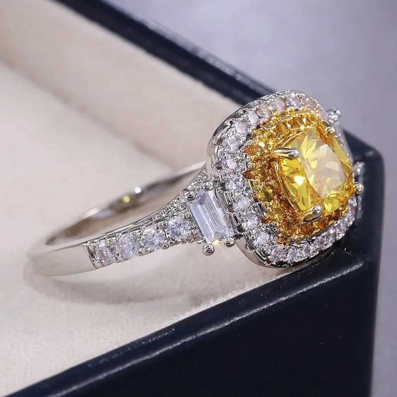 Dazzling Yellow Zircon Stone Wedding Party Ring Micro Paved 925 Sterling Silver Proposal Engagement Ring Jewelry GiftsXJ250514
