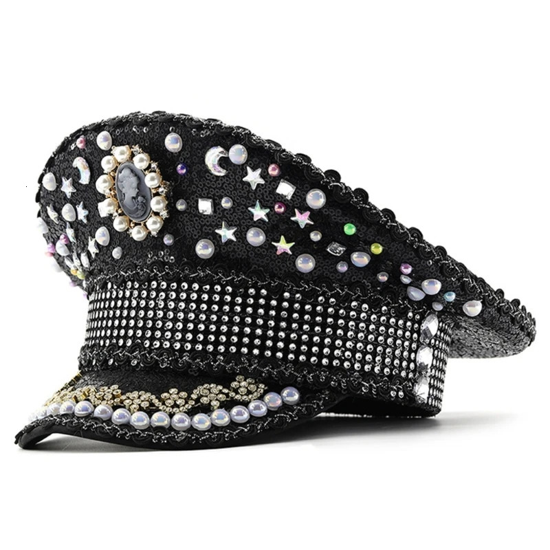652F Bridal Captain Hat Jeweled Rhinestones for Women Bride Hat Sparkling Sequins Eye-catching Po Props 250513