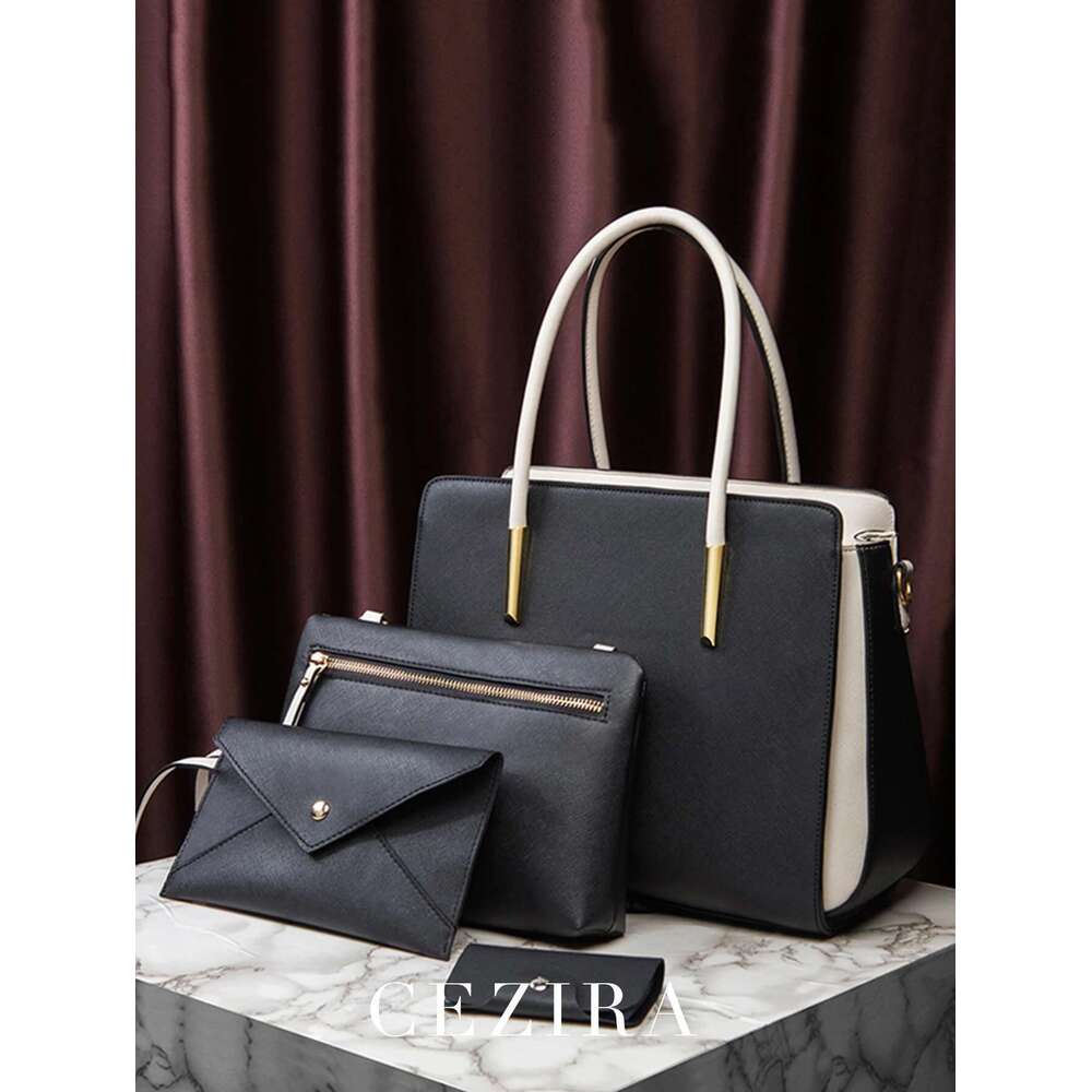 4 PCS Bag Sets Chic Black&White PU Vegan Leather Patchwork Women Tote Cross Body Square Handbag Flap Envelope Purse Card Holders