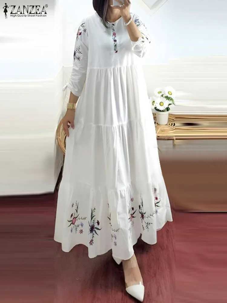 ZANZEA Elegant Floral Printed Muslim Maxi Dress Woman Fashion Tiered Abaya Sundress Casual Holiday Vacation Long Robes Kaftan X250514