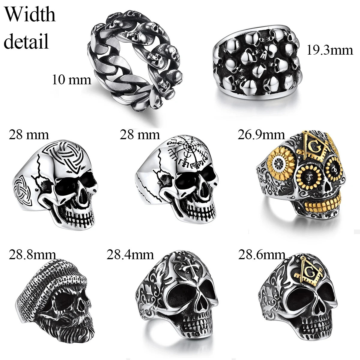 U7 Stainless Steel Big Skull Rings for Man Woman Size 7-14 Cross 3D Skeleton Cuban Chain Celtic Knot Pattern Gothic Punk Jewelry 250509