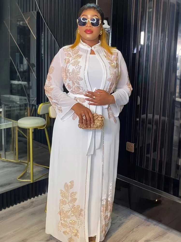 2025 Chiffon Long Slve Dresses Dubai Luxury Abayas For Women Muslim 2 PCS Set Clothing Caftan Marocain Party Prom Evening Gown X250514