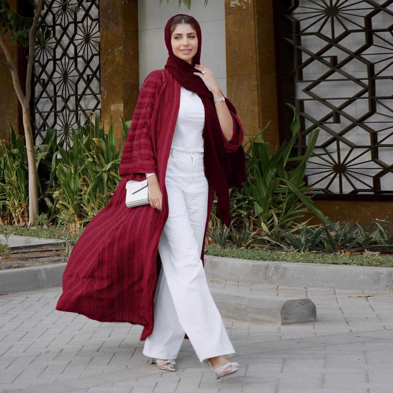 2024 New Arab Clothes Muslim Open Kimono Long Abaya Cardi Robe Striped Ethnic Cardigan Middle Eastern Kaftan With Pockets X250514