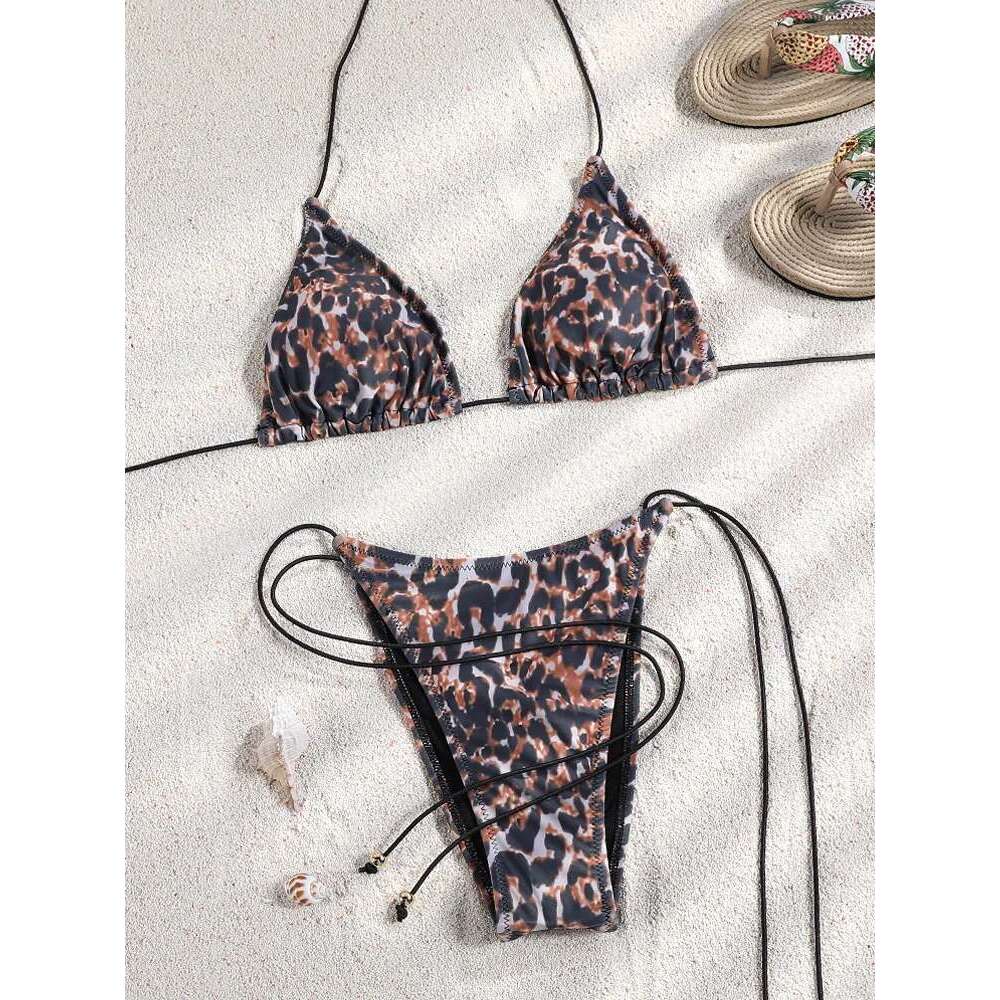 Miyouj New Bikini Triangle Swimwear Leopard Two Piece Suit Solid Color Bathsuit Sexy Swimsuits High Cut Bathwear Bandage Biquini