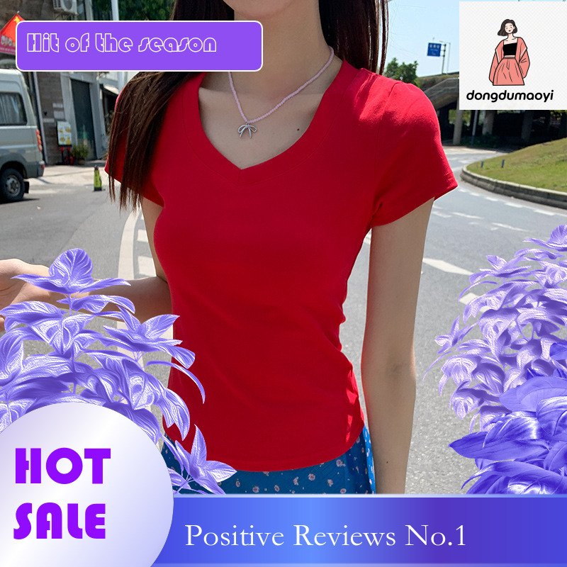 dongdumaoyi French sweet spicy jazz slim fit waist exposed sleeved t-shirt for women's summer 2025 new style chic and beautiful short top