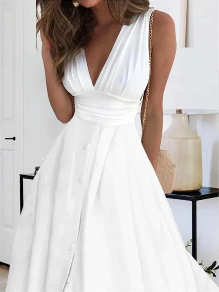 Spring Summer Elegant Party Long Dress For Women Sexy Deep V Neck Sleeveless Slim White Casual Boho Maxi Dresses 2024 Robe FemmeXJ250514