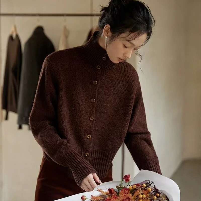 French Vintage Brown Stand Collar Sweater Cardigan Coat Women 100% Pure Wool Knitted Top Autumn Winter Fashion Women's Clothing