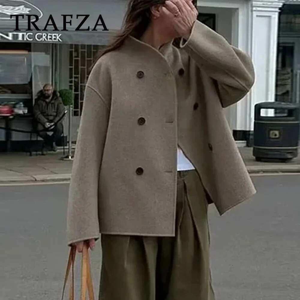 TRAFZA 2025 Autumn Winter Women Casual Solid Woolen Coat Fashion Office Lady Loose Double Breasted Turtleneck Demi-season Jacket