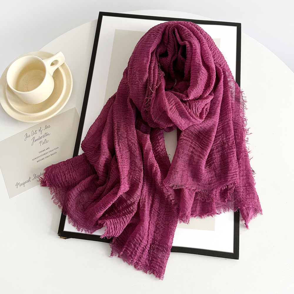 K721 Cross-border cotton and linen scarf women's gauze scarf new style solid color summer sun protection breathable shawl retro rough edge silk s