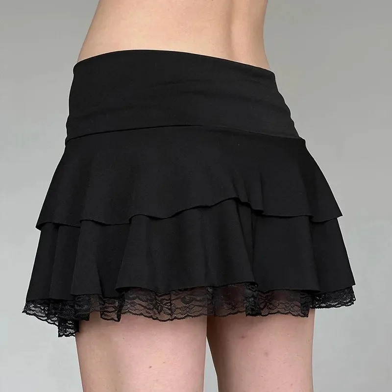 Goth Y2K Black Lace Trim Bow A Line Mini Skirt Women Korean Streetwear 250514