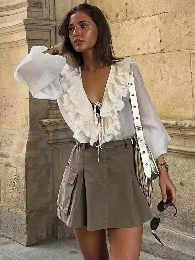 TRAFZA Elegant Womens Retro Vneck Ruffle Trim Long Sleeve Shirt Summer Casual Top Fashion Translucent Thin 250514