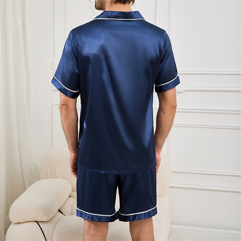 Mens satin short sleeved pajama set mens button down sweater and elastic waist home jacket 2 pieces y250427