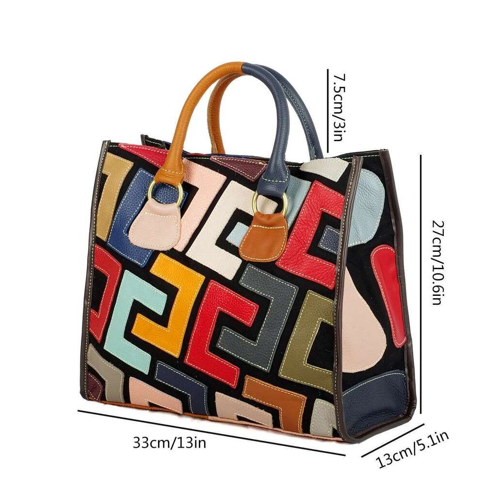 Genuine cowhide hand-ed with random contrasting colors, casual handheld crossbody bag for women