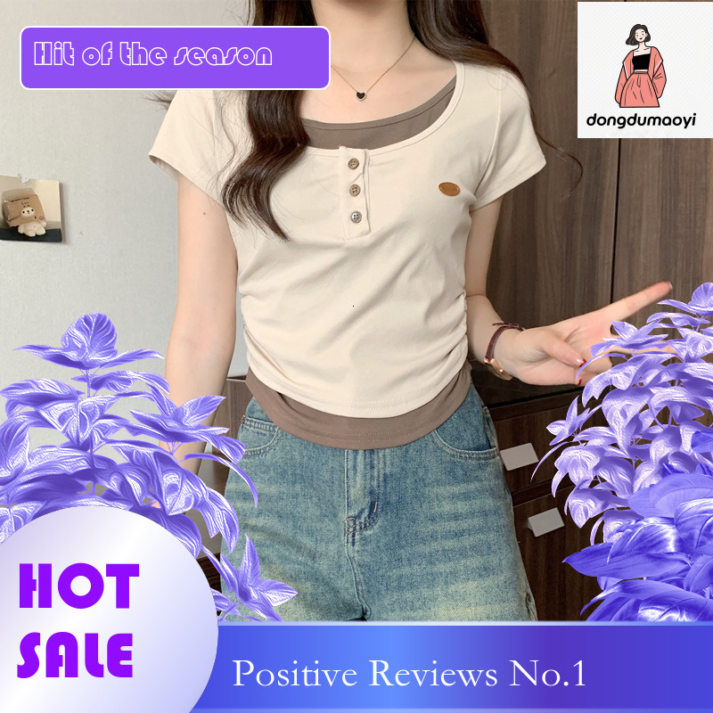 dongdumaoyi American style shoulder fake two piece sleeved T-shirt for women in summer 2025, new base small shirt, waist cinching and slimming short t