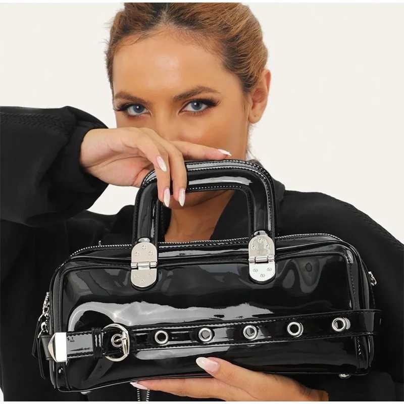 Black Patent Leather Handbag Fi Belt Buckle Crossbody Bag Jewelry Hardware Accessories Square Motorcycle Bag For Cool Girl Z250514