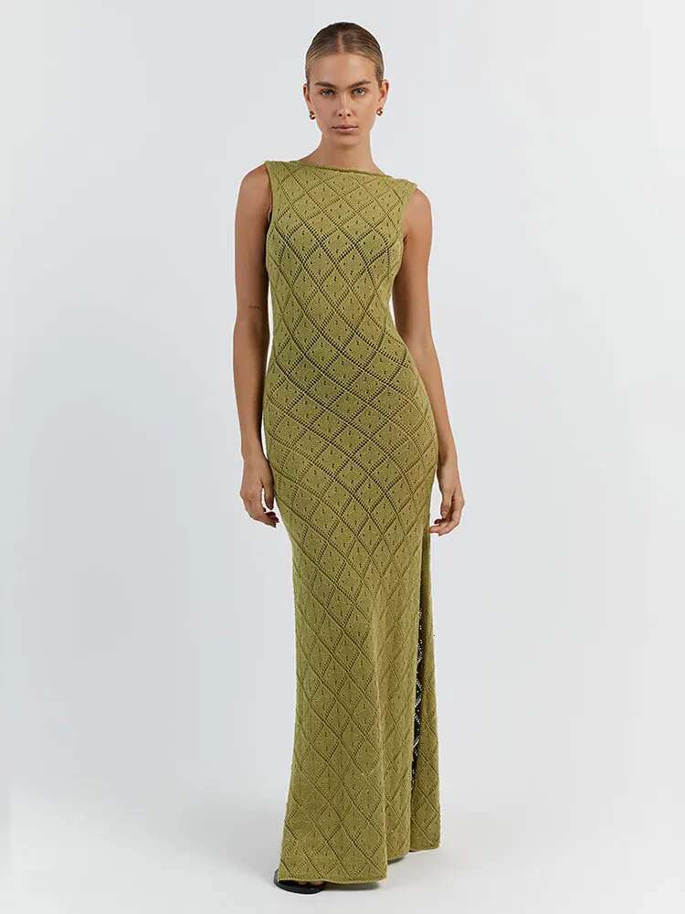 Sexy Cut Out Slit Knit Mesh Swimsuit Cover Up Pareo Tunic 2025 Summer Beach Maxi Dress Bikini Cover-Ups Women Beachwear A2318