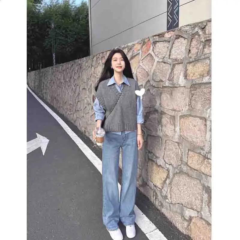 Fashion Korean Gray Sleeveless Elegant Knitted Womens Sweater Vest Sweet Solid Casual V Neck Tank Top Spring Autumn 9702 250506