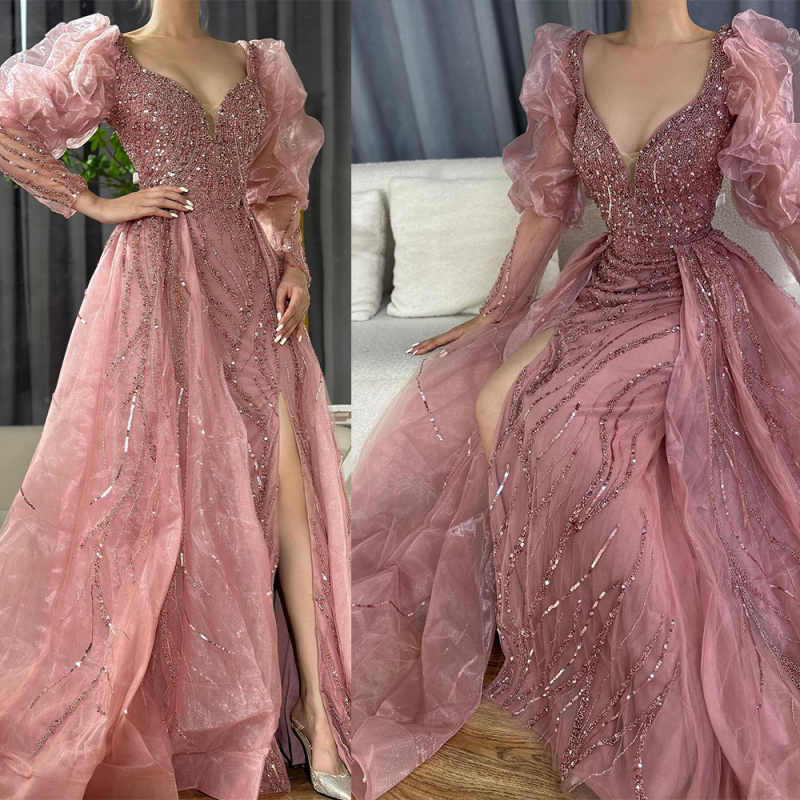 Elegant Pink Prom Dresses A-Line With Deep V-Neck Sequins Beaded Customized Zipper Court Gown Floor-Length Side High Split Evening Dress Plus Size Ves