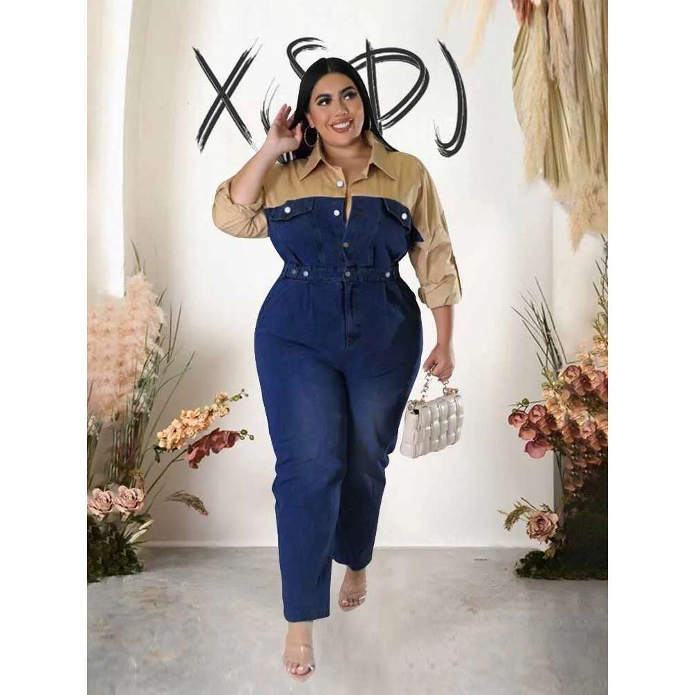 Casual Elegant Womens Jumpsuits with Jeans Autumn Winter Long Sleeve One Piece Outifts Cotton and Denim Jumpsuit Plus Size Lady