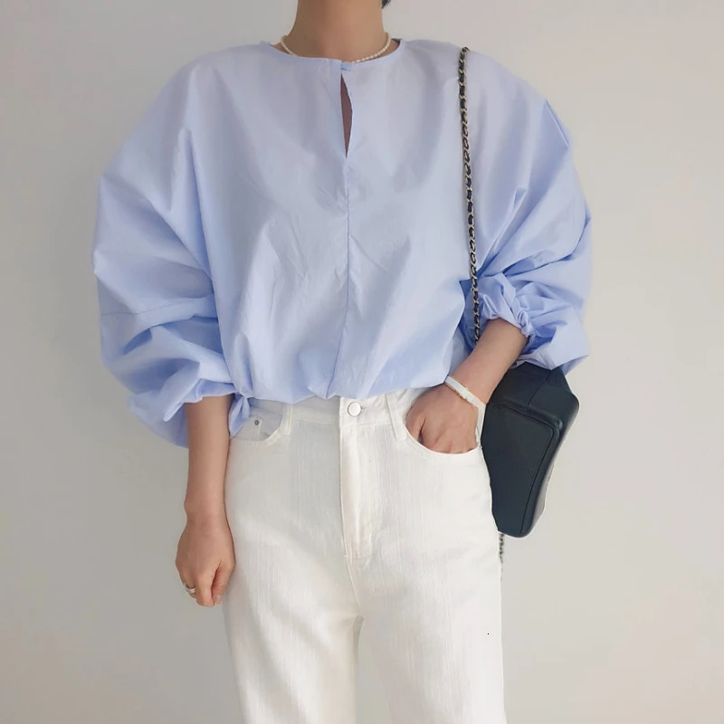 REALEFT Spring Summer Lantern Sleeve Womens Blouses Oneck Office Lady Casual Loose White Shirts for Women 250514